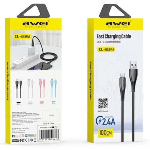 USB KABELIS AWEI CL-182M USB TO MICROUSB 1.0M JUODAS USB KABELIS AWEI CL-182M USB TO MICROUSB 1.0M JUODAS