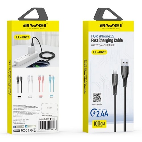USB KABELIS AWEI CL-182T USB TO USB-C 1.0M BALTAS
