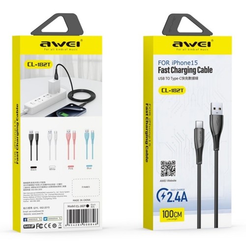 USB KABELIS AWEI CL-182T USB TO USB-C 1.0M JUODAS USB KABELIS AWEI CL-182T USB TO USB-C 1.0M JUODAS